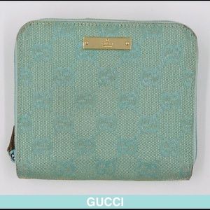 Gucci GG canvas mint green and gold leather wallet